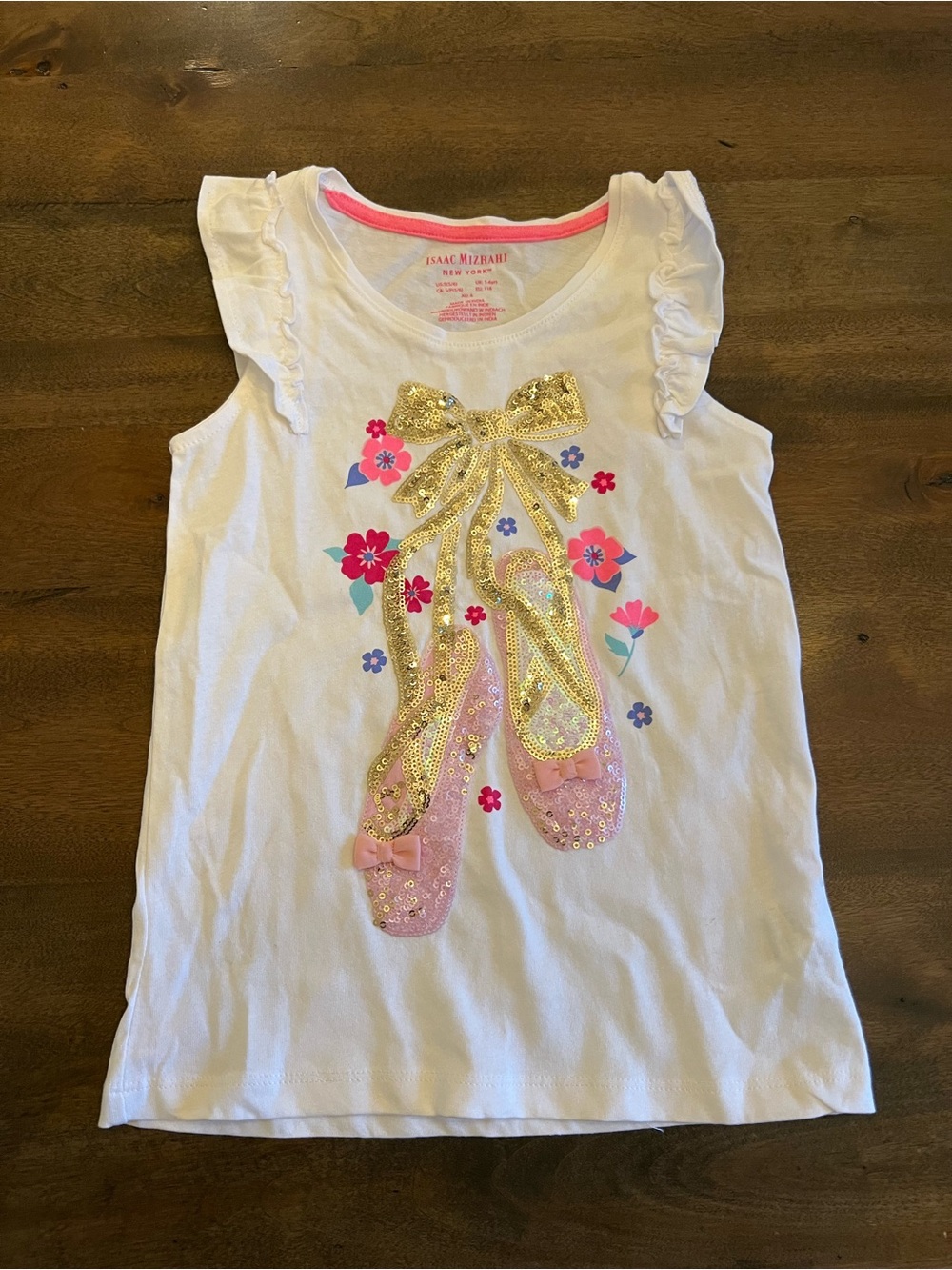 Isaac Mizrahi Girls 5/6 Sequin Ballet Shoes Ruffle Sleeve Top
